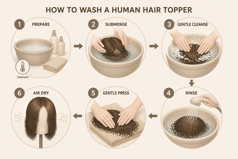Hands gently washing a human hair topper in lukewarm water with specialized care products, showing proper technique and the topper's realistic texture during the cleaning process, with water flowing softly over the hair strands