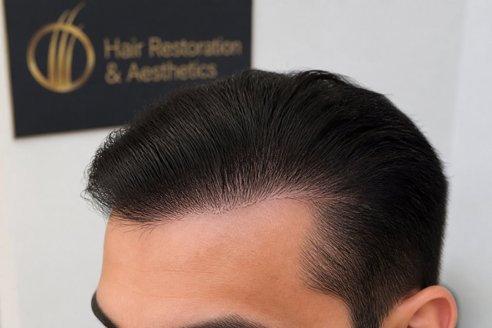 Close-up of a patient's hairline showing natural hair growth pattern with proper density and undetectable graft placement, demonstrating seamless integration with existing hair under natural lighting