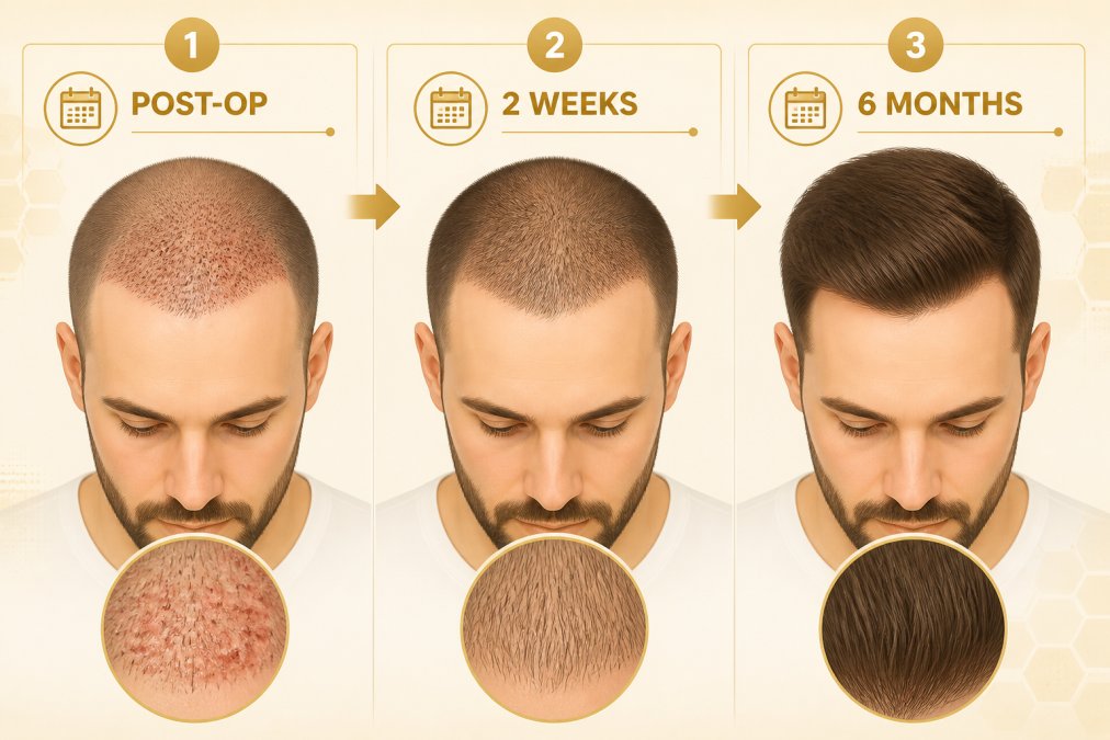 Patient showing three recovery stages side-by-side: initial post-operative appearance with redness and scabbing, intermediate healing phase at two weeks with reduced inflammation, and final natural result at six months with full hair growth integration