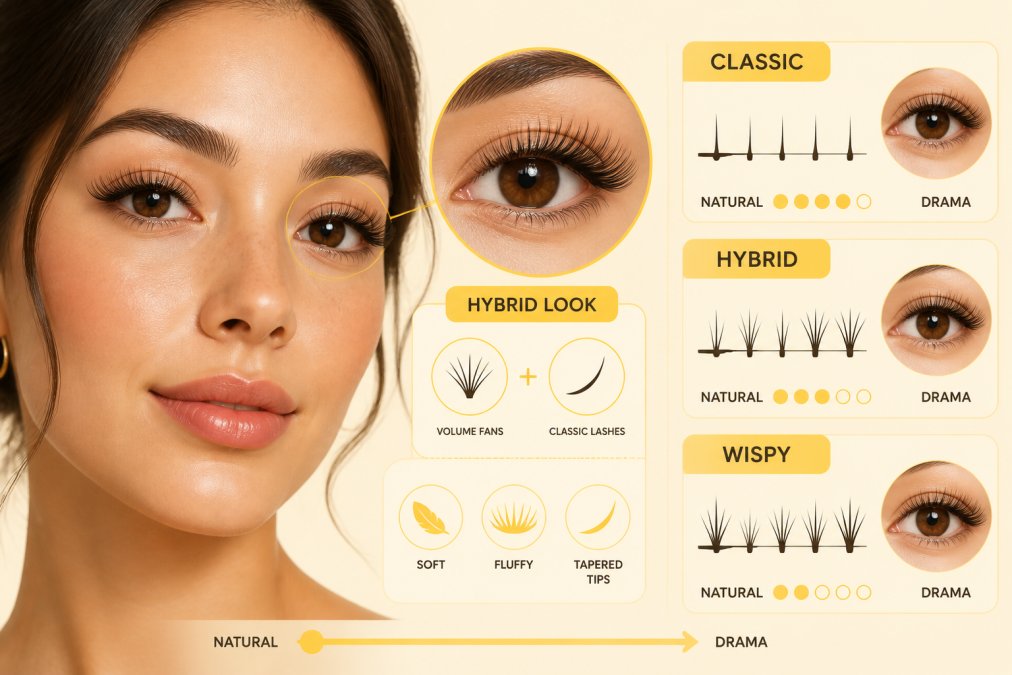 Close-up portrait of a woman with soft, wispy hybrid lash extensions showing fluffy texture and tapered tips, warm studio lighting against a clean cream background