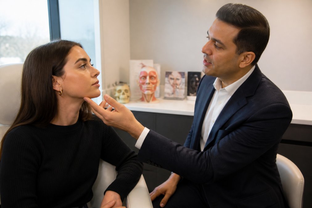 Physician and patient discussing lip enhancement goals in professional medical consultation room with soft lighting and anatomical models visible