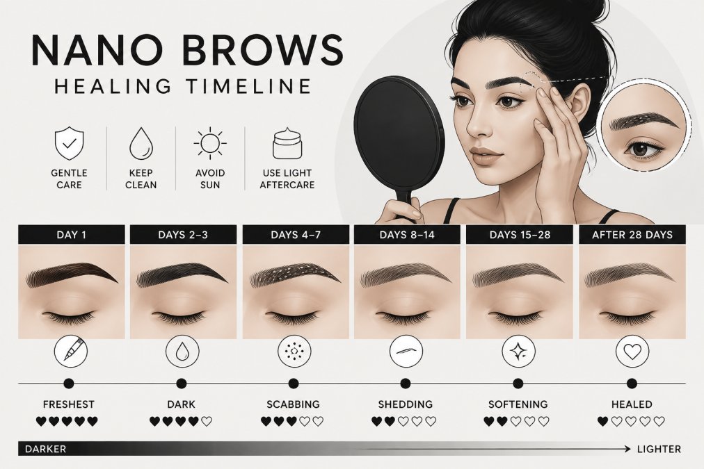 Woman examining her eyebrows in a mirror during the healing phase, showing subtle scabbing and the transition from darker initial color to the final lighter shade