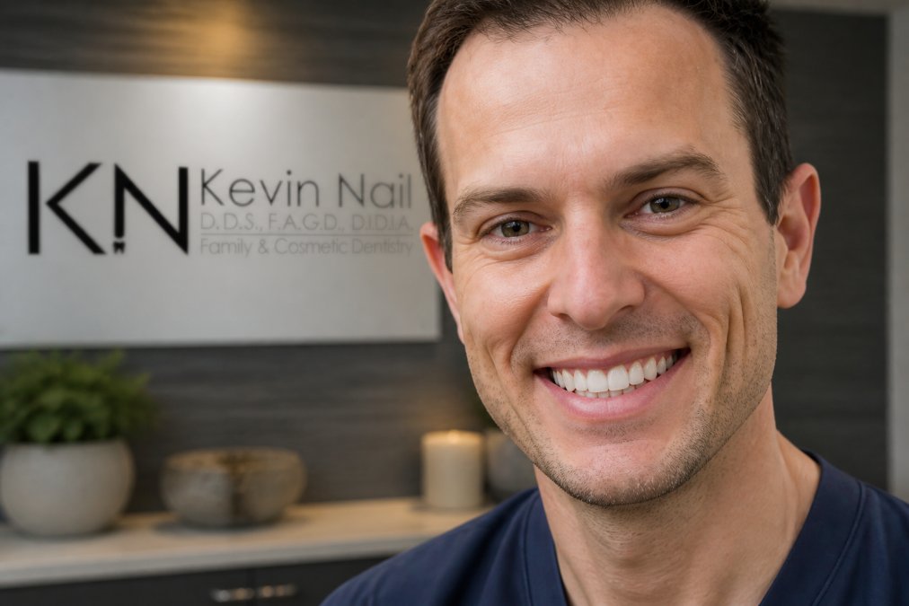 Close-up of a person smiling broadly showing natural-looking white teeth, warm studio lighting highlighting subtle translucency and texture variation across the teeth