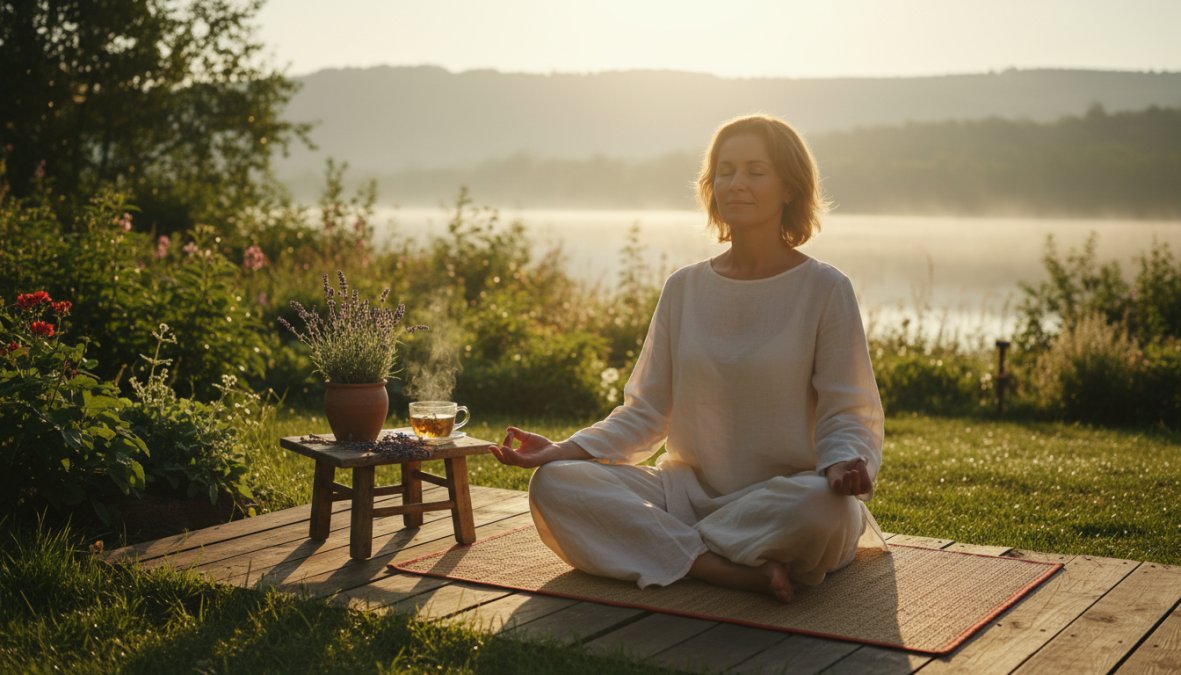 A middle-aged woman with short dark hair practicing yoga outdoors on a teal mat in a lush garden, seated in a cross-legged meditation pose with hands resting on knees, eyes gently closed, warm morning sunlight filtering through surrounding foliage