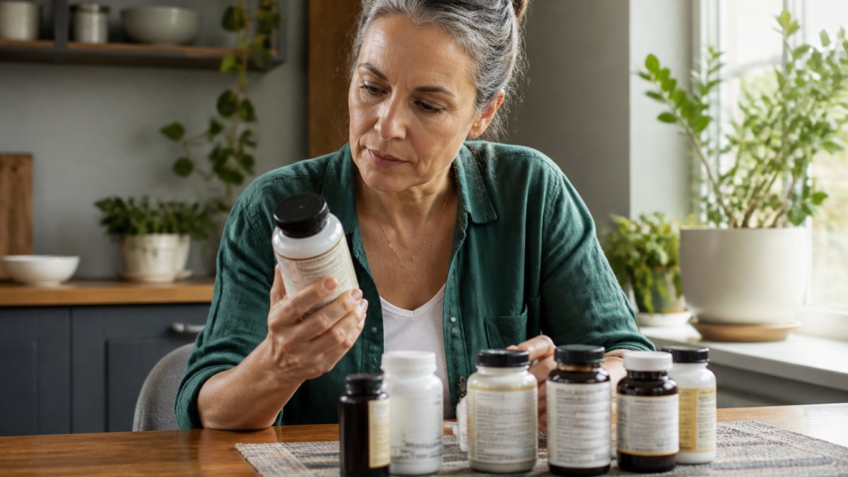 Middle-aged adult in home setting carefully reviewing supplement bottles and reading ingredient labels with natural window lighting, focused expression
