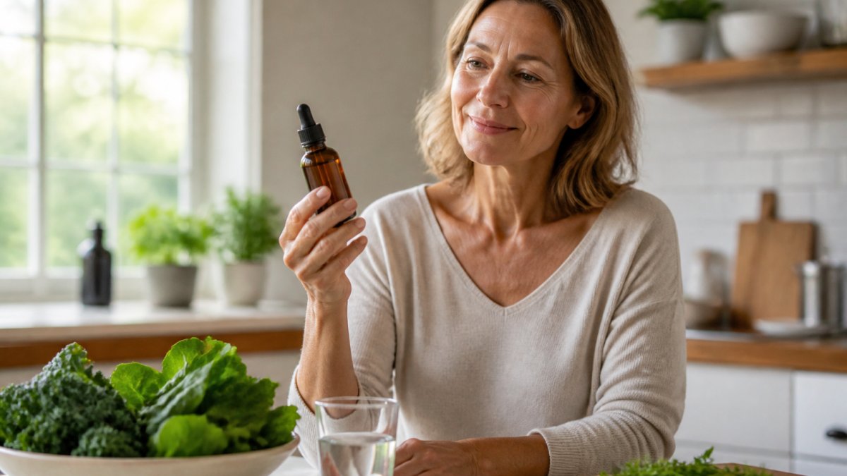 A woman in her 50s holding a small amber glass dropper bottle of liquid mineral supplement in a sunlit kitchen, fresh greens and a glass of water on the counter beside her