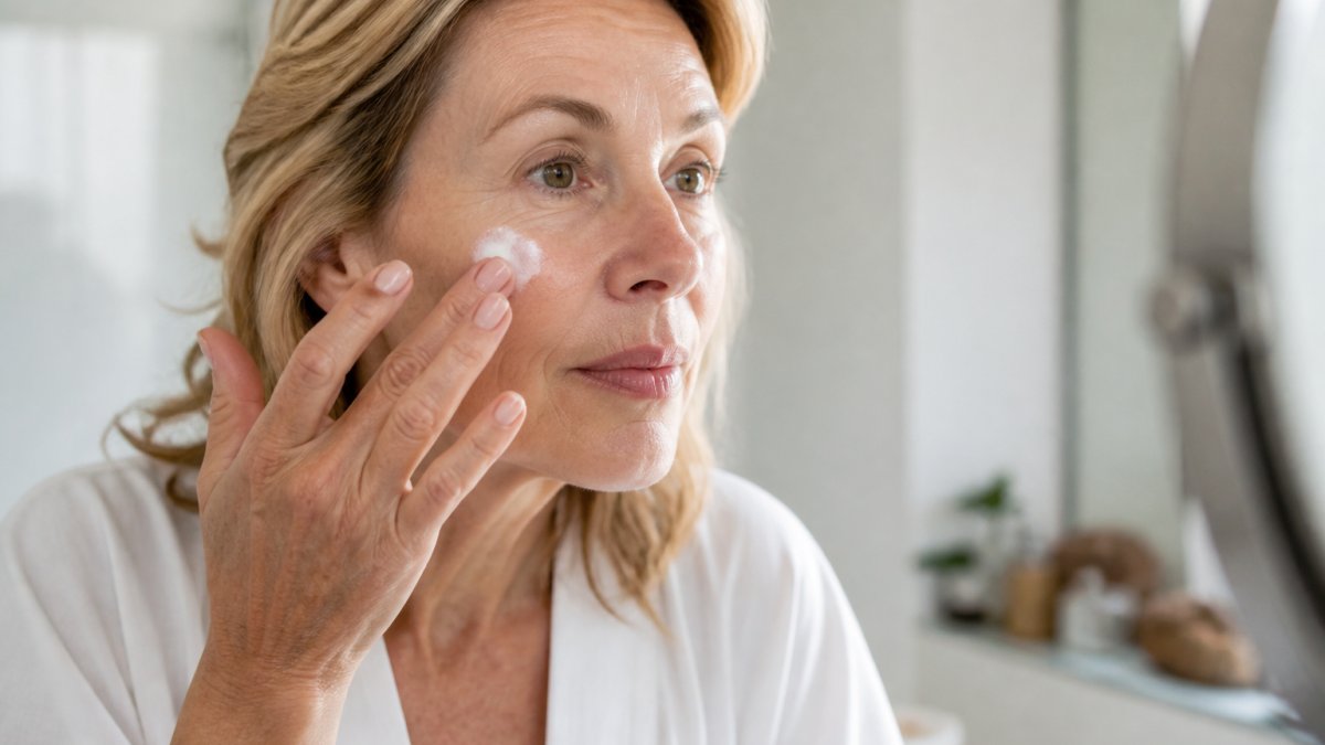 Close-up of a woman in her fifties with dry, mature skin gently applying face cream to her cheek in a bright bathroom, soft natural light, calm and realistic scene