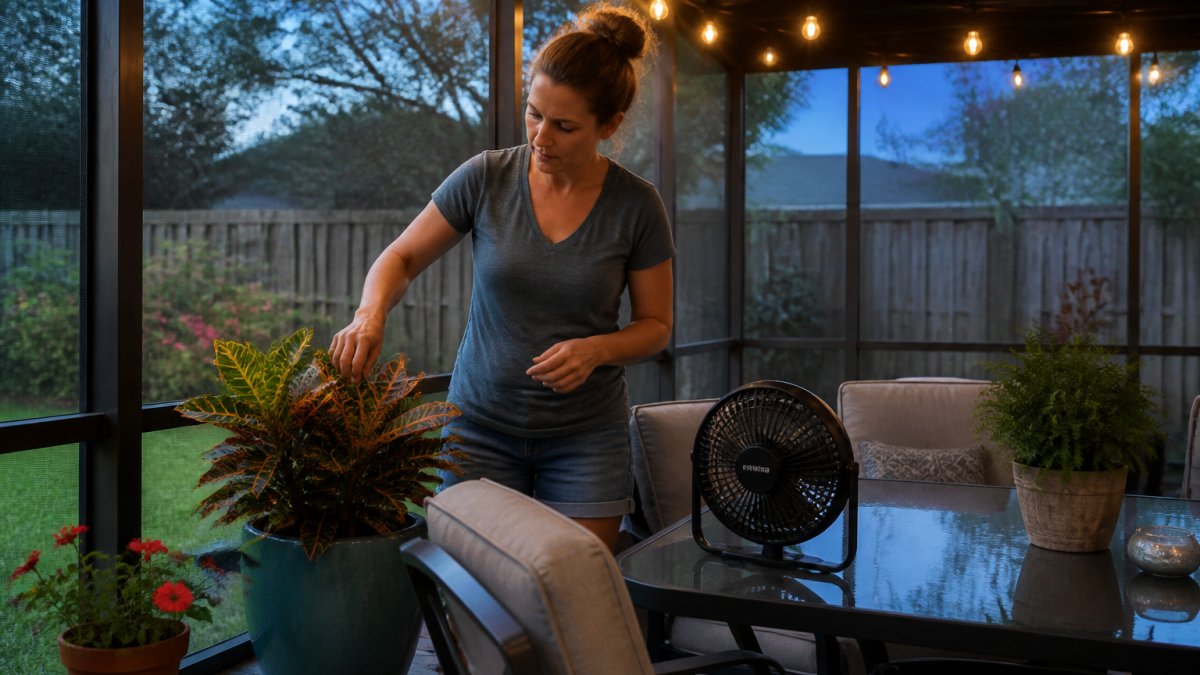 A homeowner on a screened backyard patio at dusk, checking potted plants and a small tabletop fan near an outdoor dining set, warm string lights overhead