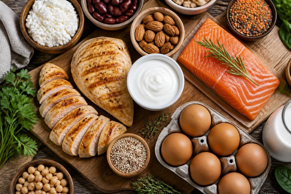 Overhead flat lay of protein-rich whole foods including grilled chicken breast, eggs, Greek yogurt, salmon fillet, legumes, and nuts arranged on a wooden cutting board with fresh herbs