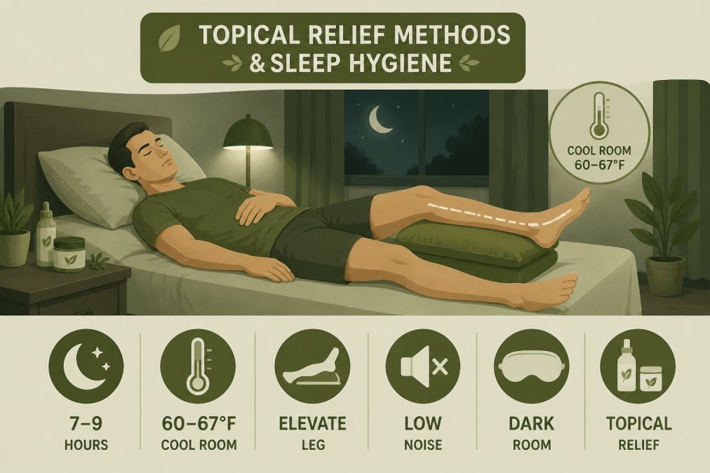 Athlete sleeping peacefully in a dark bedroom with cool lighting, head resting on pillow with elevated leg on cushion for recovery, showing proper sleep positioning for muscle recovery