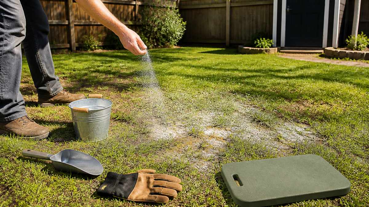 Person sprinkling natural mineral powder onto sunny backyard grass to neutralize pet odors
