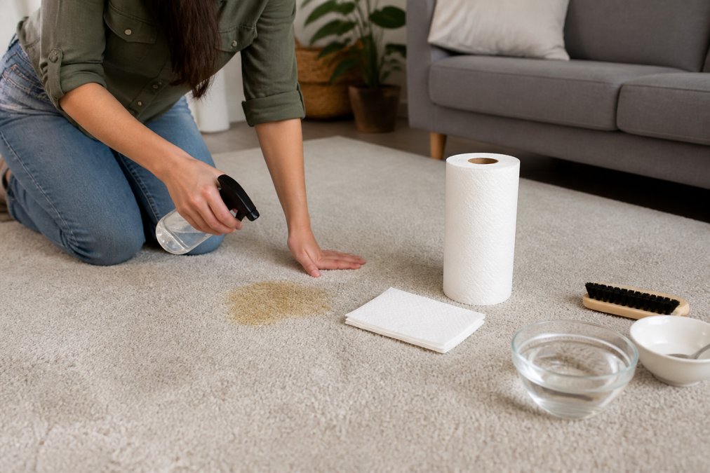 A person kneeling on a living room carpet, spraying a clear liquid from a bottle onto a stained area, with a roll of paper towels nearby