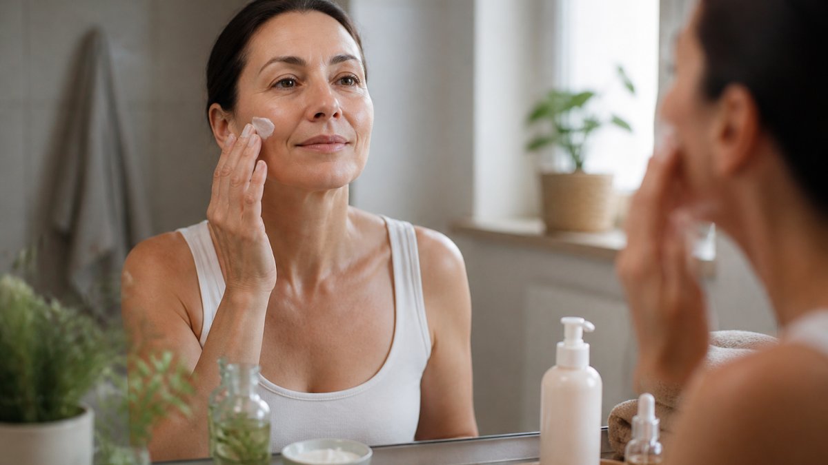 A woman in her 40s with sensitive, combination skin gently applying a lightweight lotion to her face in a bright bathroom with natural light, calm and focused expression