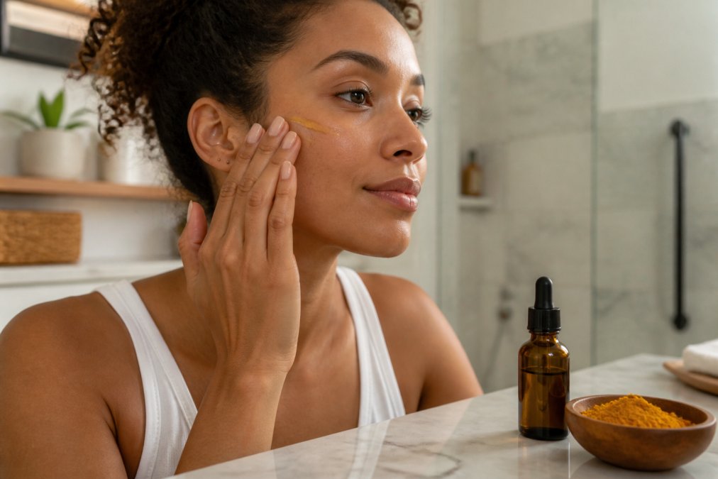 Woman applying natural oils for dark spots to her cheek with a dropper bottle and turmeric on a marble counter