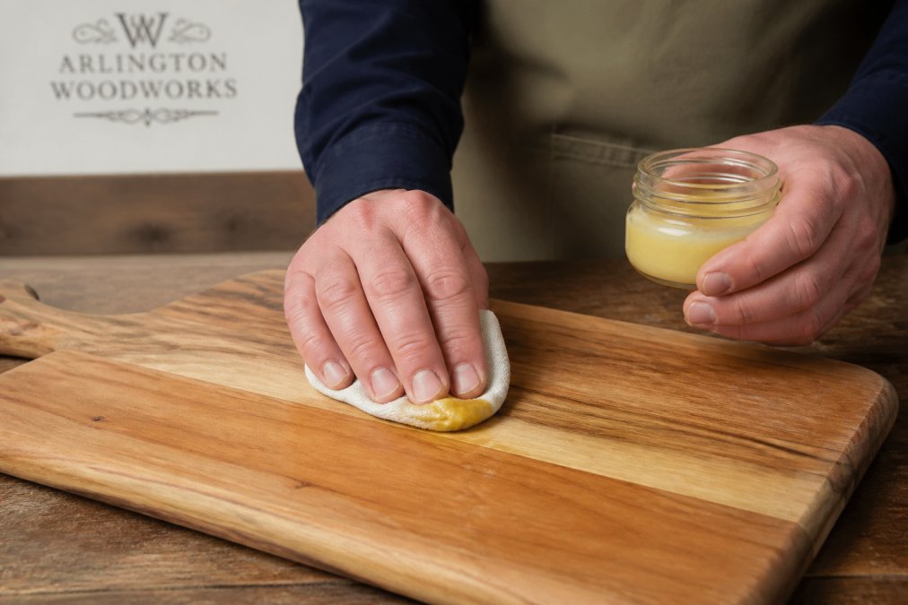 Step-by-step guide showing hands applying balm to a wooden cutting board with a soft cloth