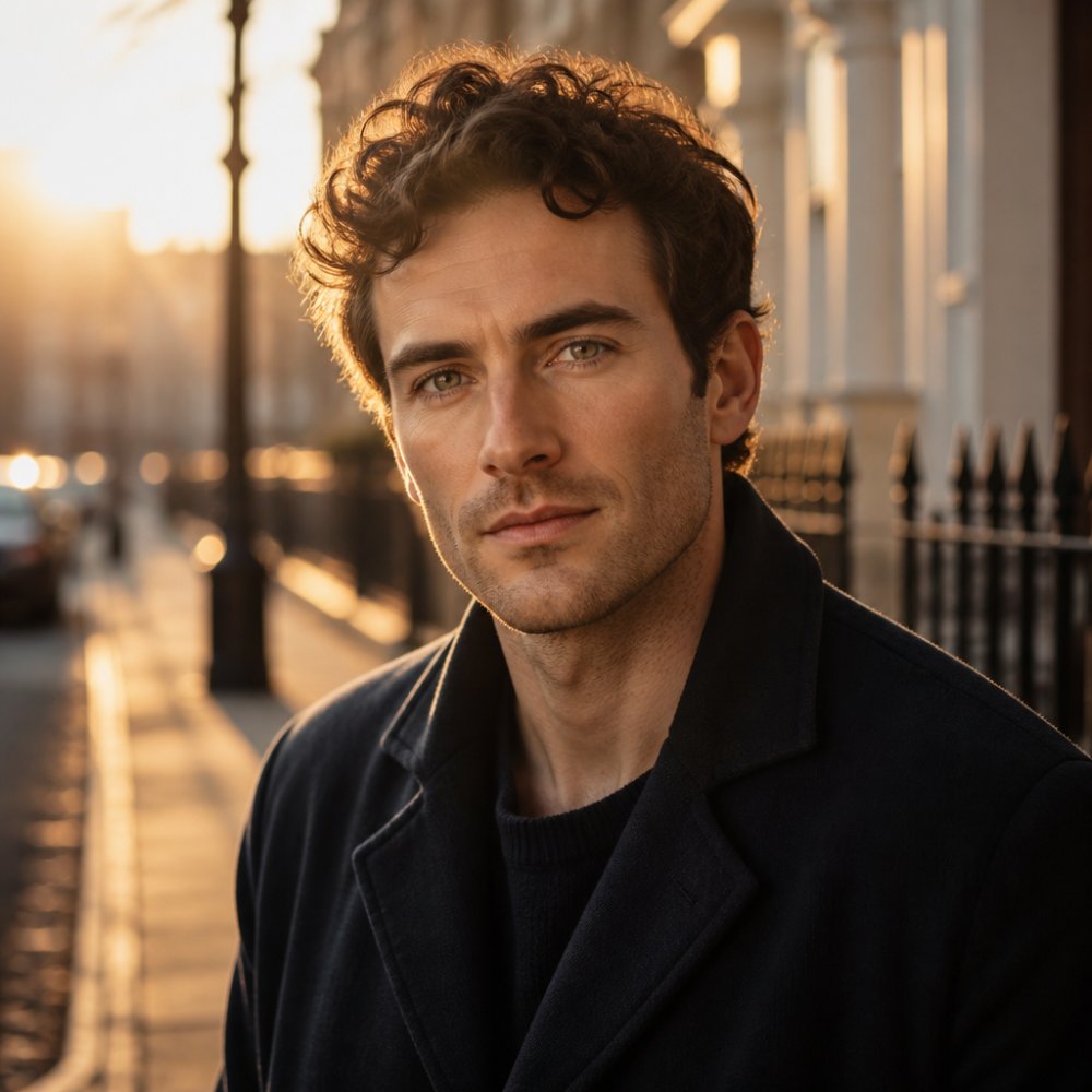Professional actor photographed during golden hour with soft warm light illuminating their face, natural background slightly blurred, showing the flattering quality of early morning light on a London street