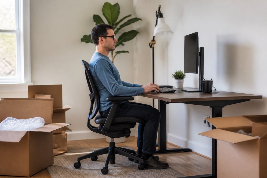 A person seated at a home office desk with a chair, monitor, and keyboard arranged in a neutral, upright posture, side view showing shoulders relaxed and feet flat on the floor