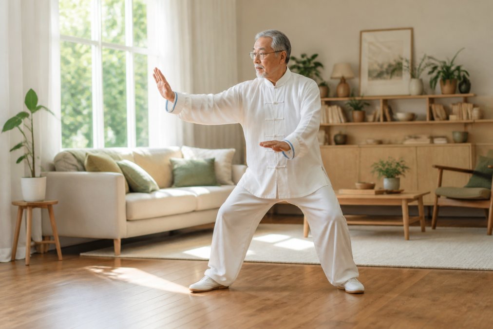 Active senior performing gentle tai chi movements in bright living room with natural light streaming through windows