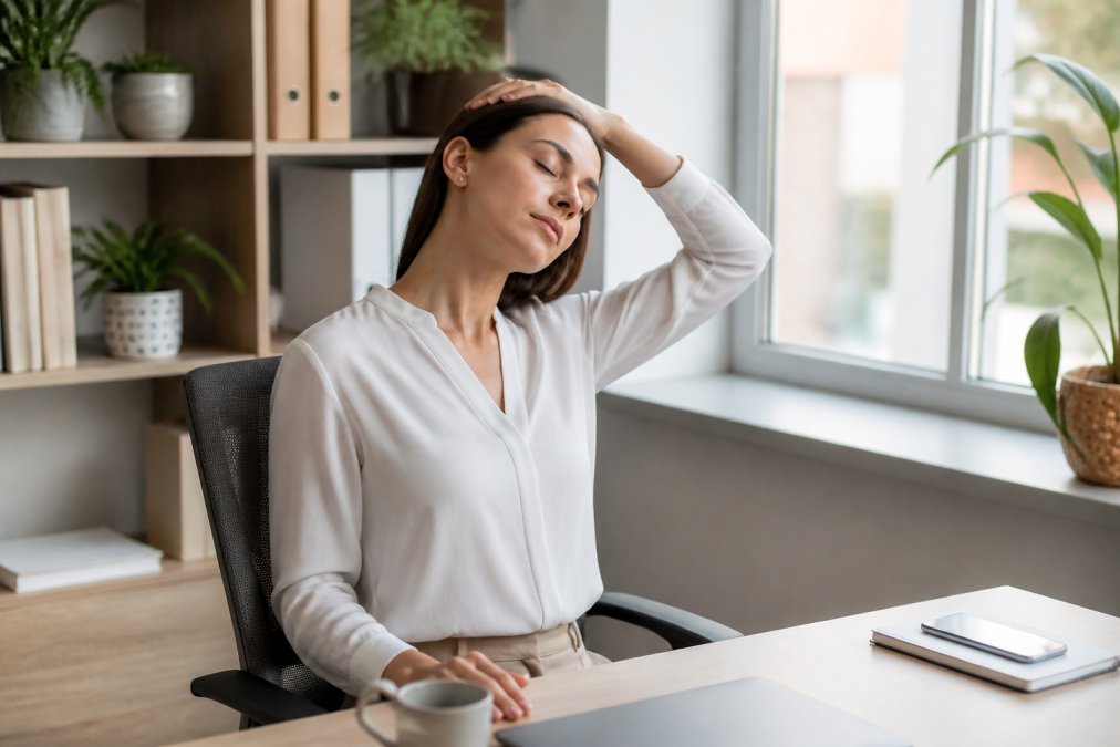 Professional at desk performing gentle neck stretch with proper posture, shoulders relaxed, natural office lighting from window