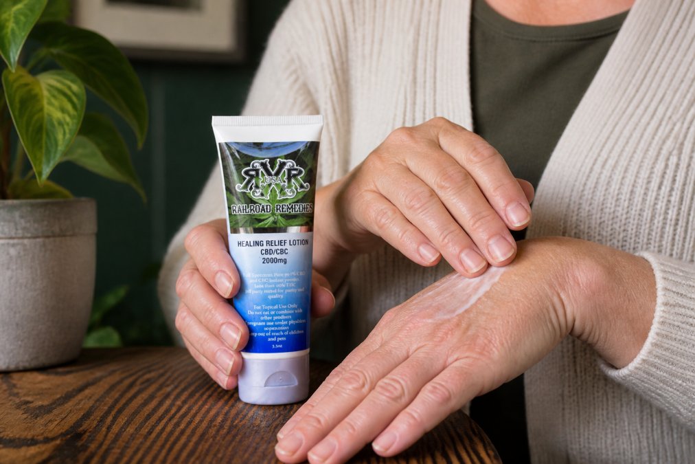 Person applying CBD relief lotion to their hand and wrist, showing the lotion absorbing into skin with visible relief and comfort