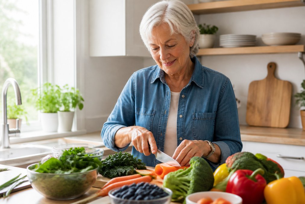 Senior preparing colorful vegetables for meal in bright kitchen with natural window lighting, demonstrating anti-inflammatory food preparation