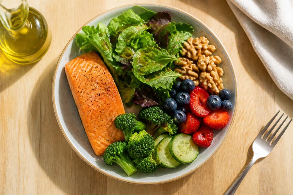 Overhead shot of a colorful plate featuring fresh leafy greens, wild-caught salmon fillet, mixed berries, walnuts, and extra virgin olive oil drizzled over vegetables on a light wooden table with natural window lighting
