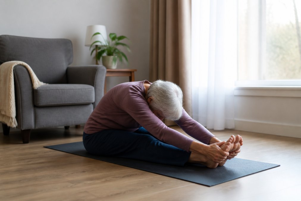 Older adult in comfortable home setting performing a gentle seated forward fold stretch, with supportive armchair nearby and warm natural light from window, demonstrating proper alignment and relaxation