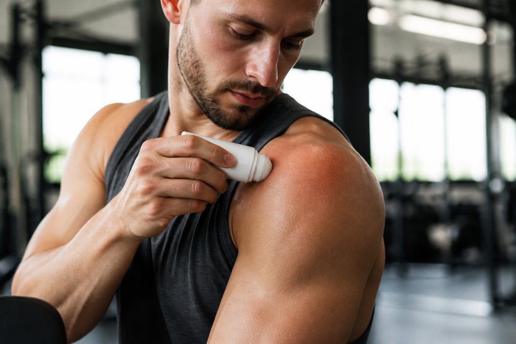 Close-up of an athlete's hand applying a CBD freeze gel roll-on to a sore shoulder after a workout, with visible muscle definition and athletic wear in a bright gym setting