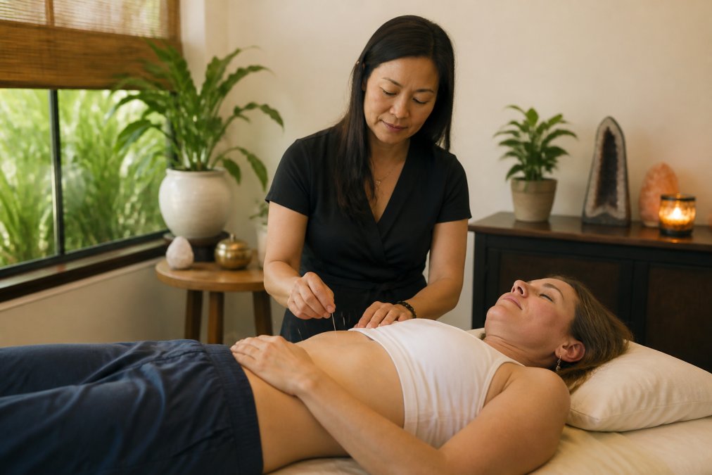Licensed acupuncturist performing treatment on a patient in a wellness clinic setting with calming natural light and therapeutic environment