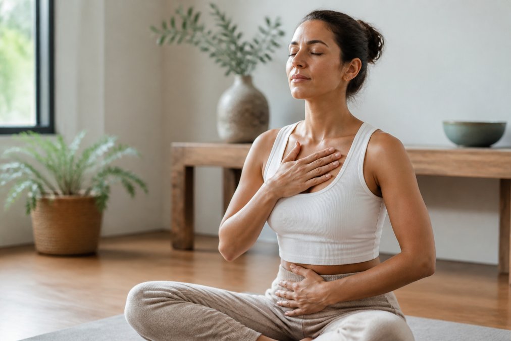 Woman practicing guided breathing or meditation in a serene, peaceful environment with soft natural light, hands on chest, calm expression