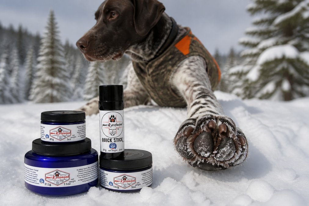 Hunting dog with paws in snow and ice, demonstrating winter protection needs and paw care in harsh conditions with snow-covered terrain