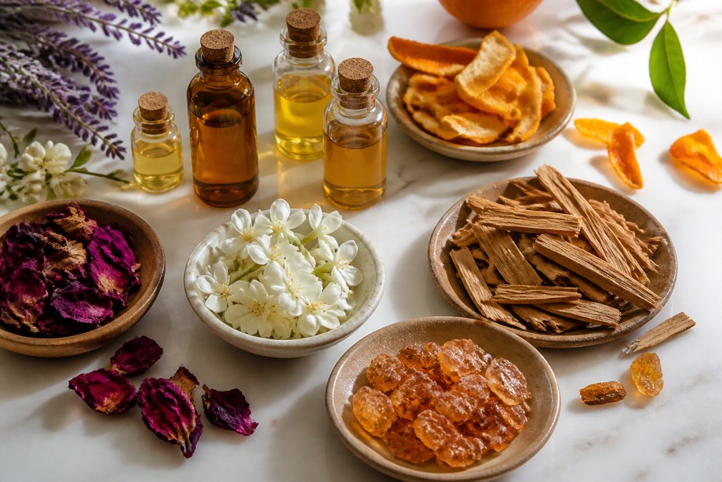 Artfully arranged collection of natural fragrance ingredients including small glass bottles of essential oils, dried rose petals, jasmine flowers, sandalwood wood chips, amber resin pieces, and citrus peels on a minimalist white surface with soft natural window lighting