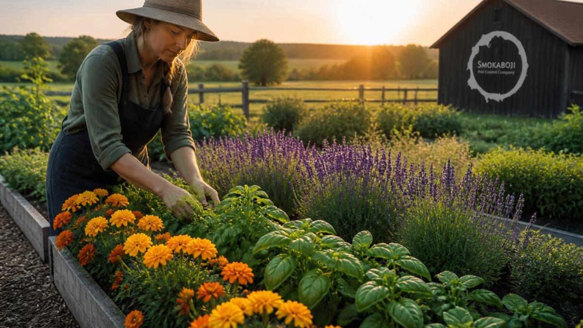 Rural garden with marigolds, lavender, and basil plants growing along raised beds and garden edges in a farmland setting with morning light