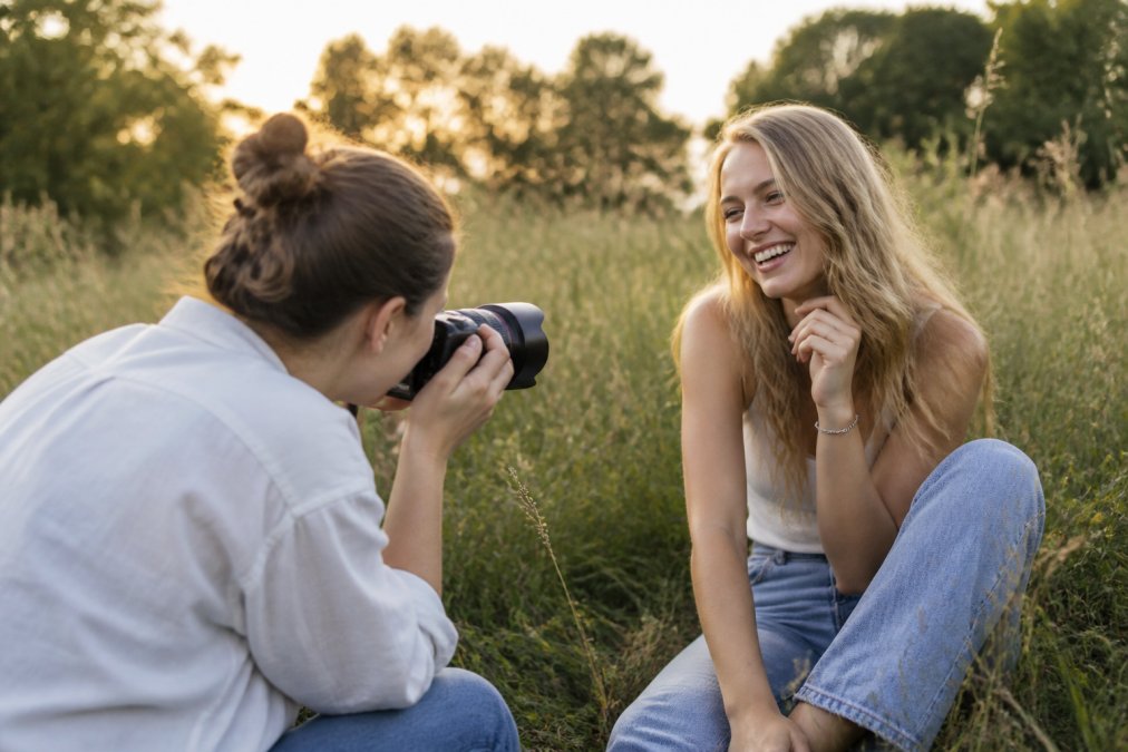 Photographer laughing with a subject outdoors to capture natural portrait photography in soft golden light.