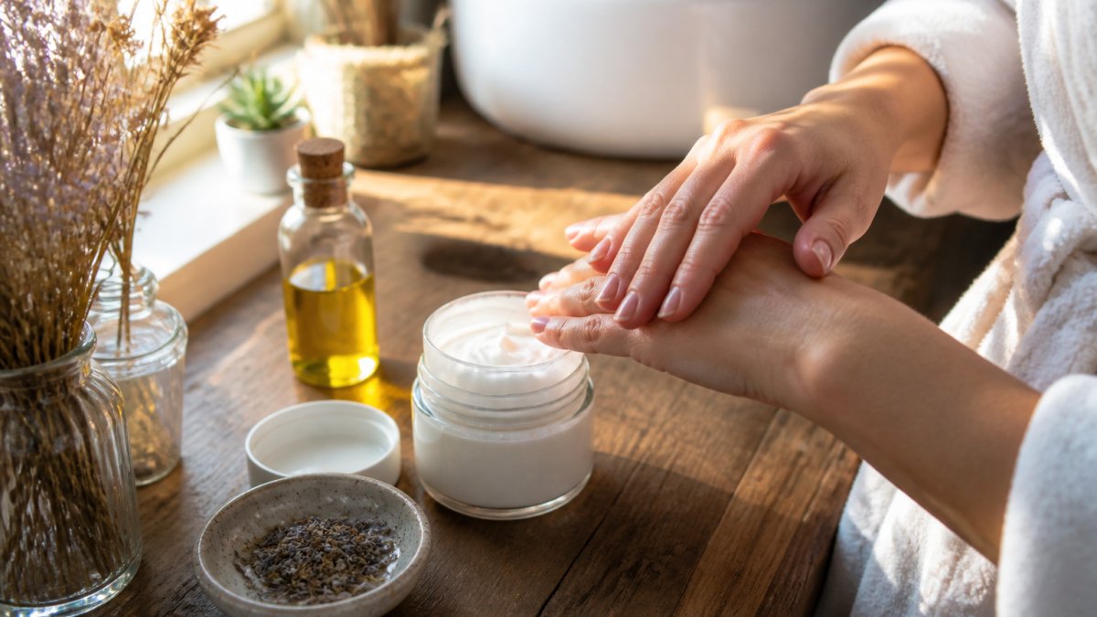 Hands applying lotion from a glass jar on a wooden counter with herbs, highlighting natural preservatives in skincare safety