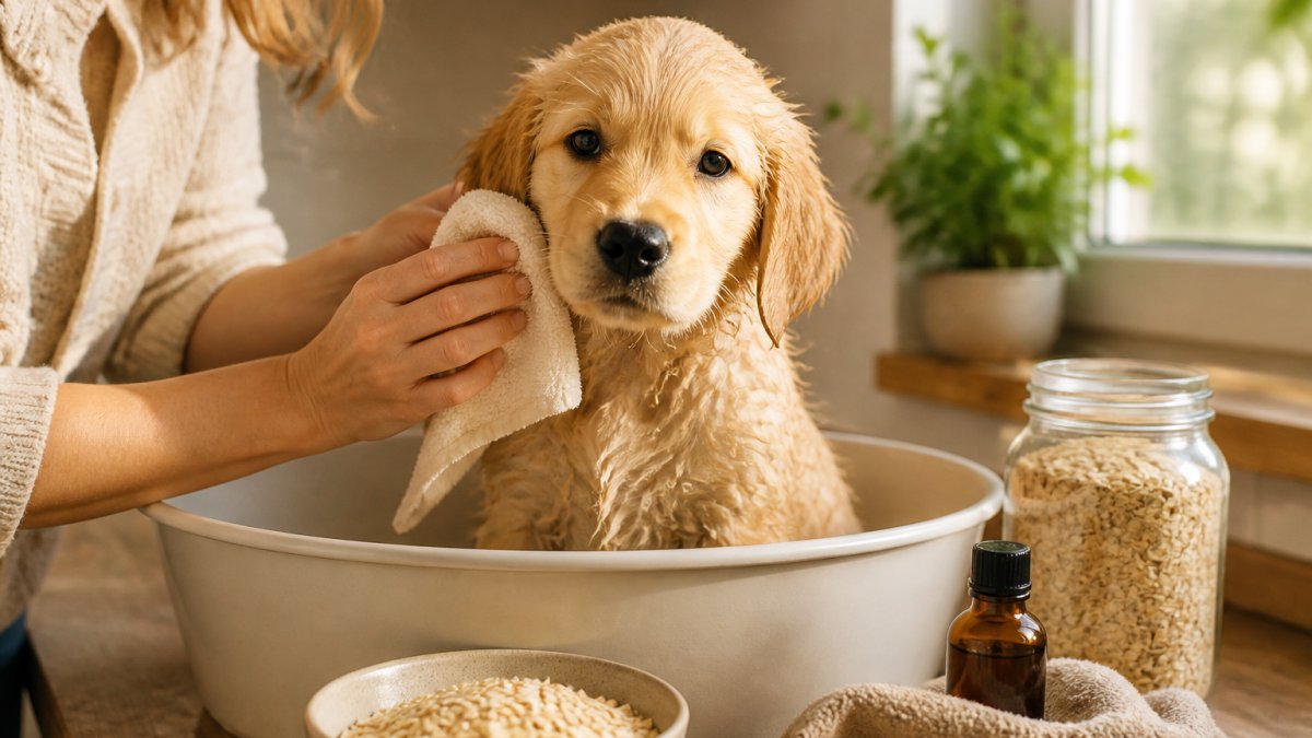 Young golden retriever puppy being gently bathed with soft cloth and natural ingredients like oatmeal visible in background, warm natural lighting from window