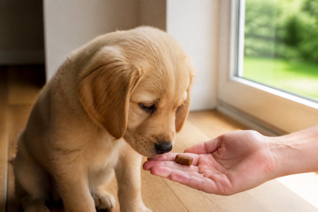 12-week-old golden retriever puppy sniffing a small natural treat held in an open palm, showing the puppy's small size and soft baby teeth, with natural daylight from a window