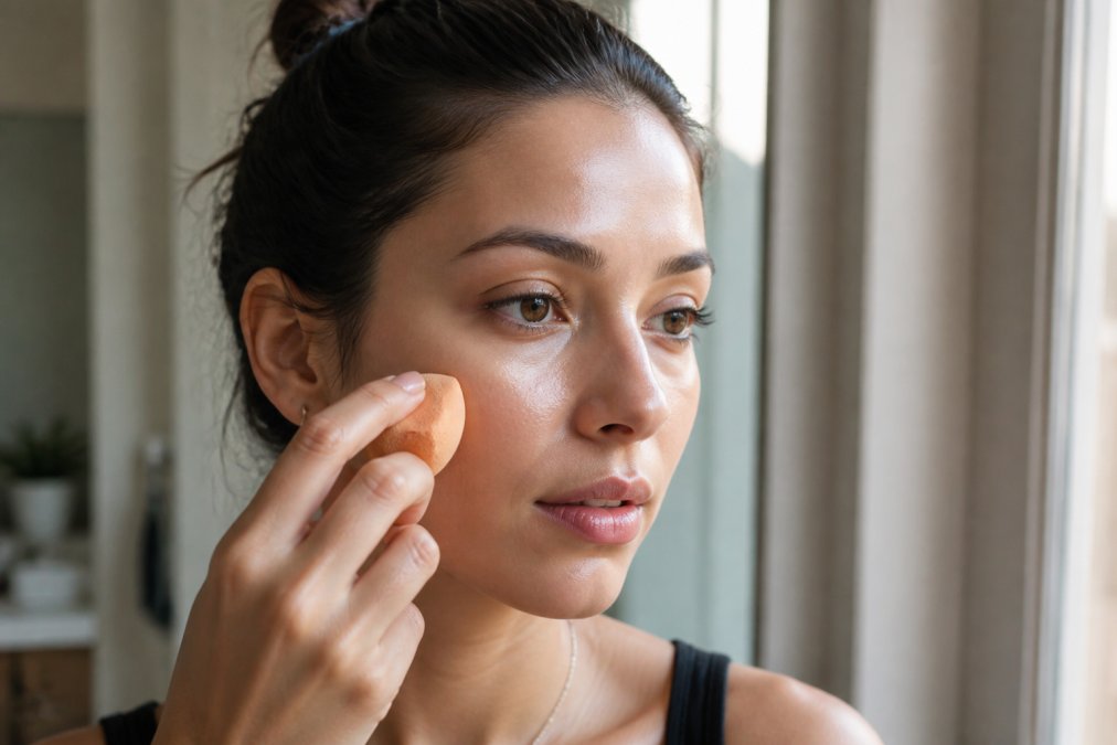 Close-up of a woman's face during makeup application, hands using a damp beauty sponge to blend foundation with gentle buffing strokes, soft natural window light illuminating a radiant, dewy skin texture