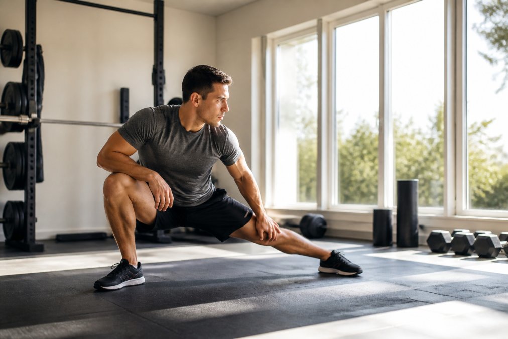 Athlete performing dynamic stretching routine after workout in bright home gym, sunlight streaming through windows, showing focused posture and muscle engagement