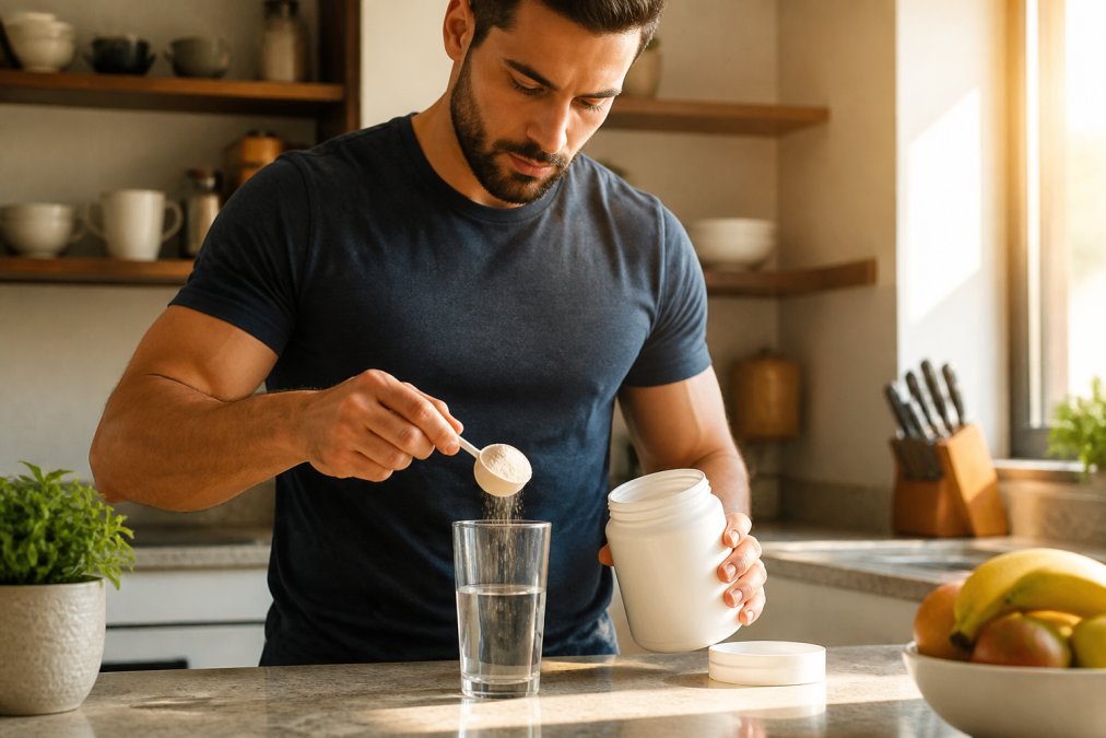 Person carefully measuring supplement powder into water glass on kitchen counter, morning sunlight illuminating wellness routine, showing deliberate daily supplementation practice