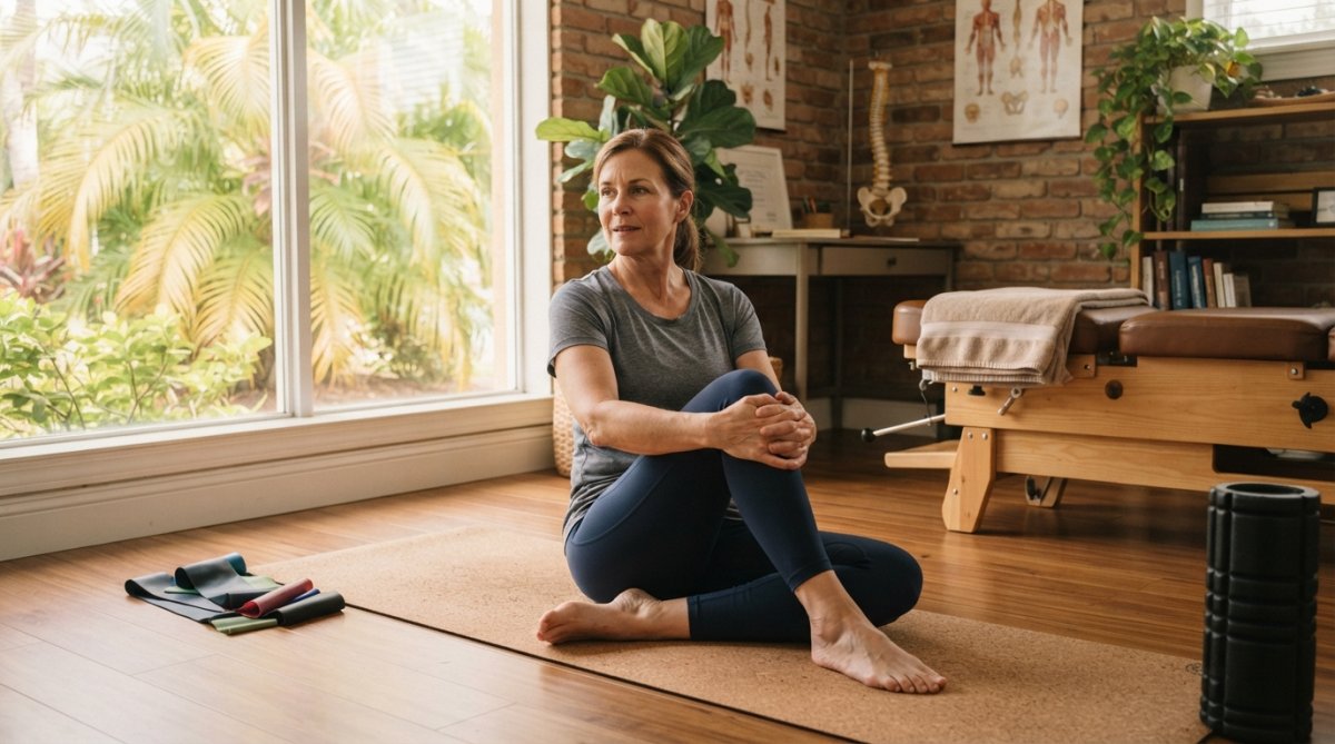 Person performing a gentle stretching exercise for nerve pain relief in a calm home environment with natural light, focusing on proper form and relaxed posture