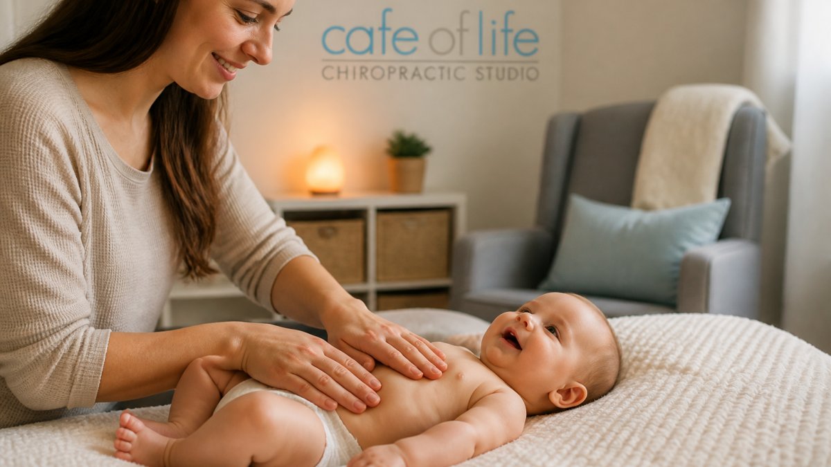 A parent gently massaging a baby's tummy with warm hands in a softly lit nursery, baby lying on a soft blanket, calm and nurturing atmosphere