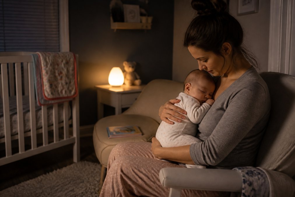 Parent gently rocking a baby in a dimly lit nursery to support healthy infant sleep patterns