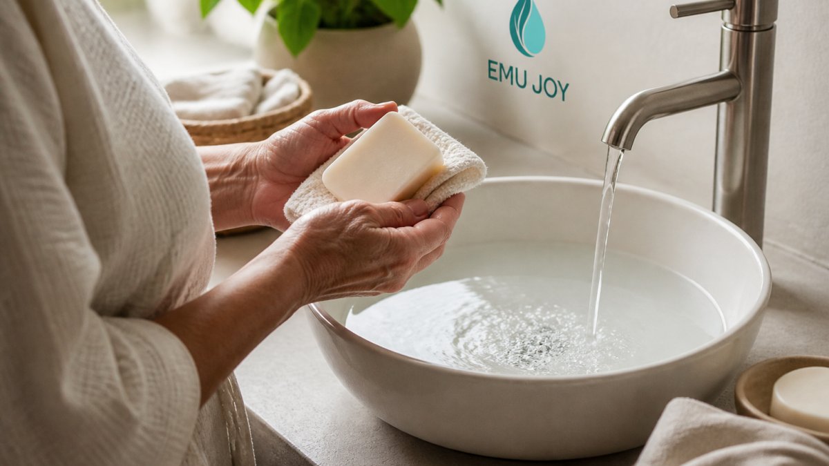 Step-by-step infographic showing a gentle cleansing routine for daily skin care and irritation relief