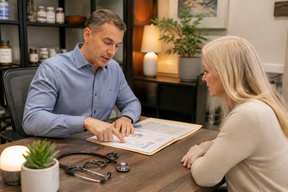 Functional medicine doctor reviewing patient health data to find natural relief for pain fatigue in a clinic