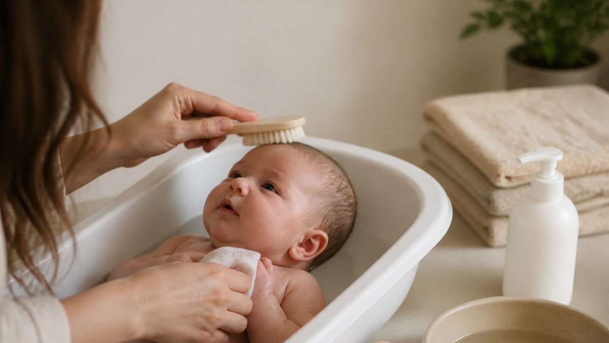 A parent's hands gently brushing a baby's scalp with a soft brush during bath time, warm water and a mild baby shampoo bottle nearby, calm and reassuring home setting
