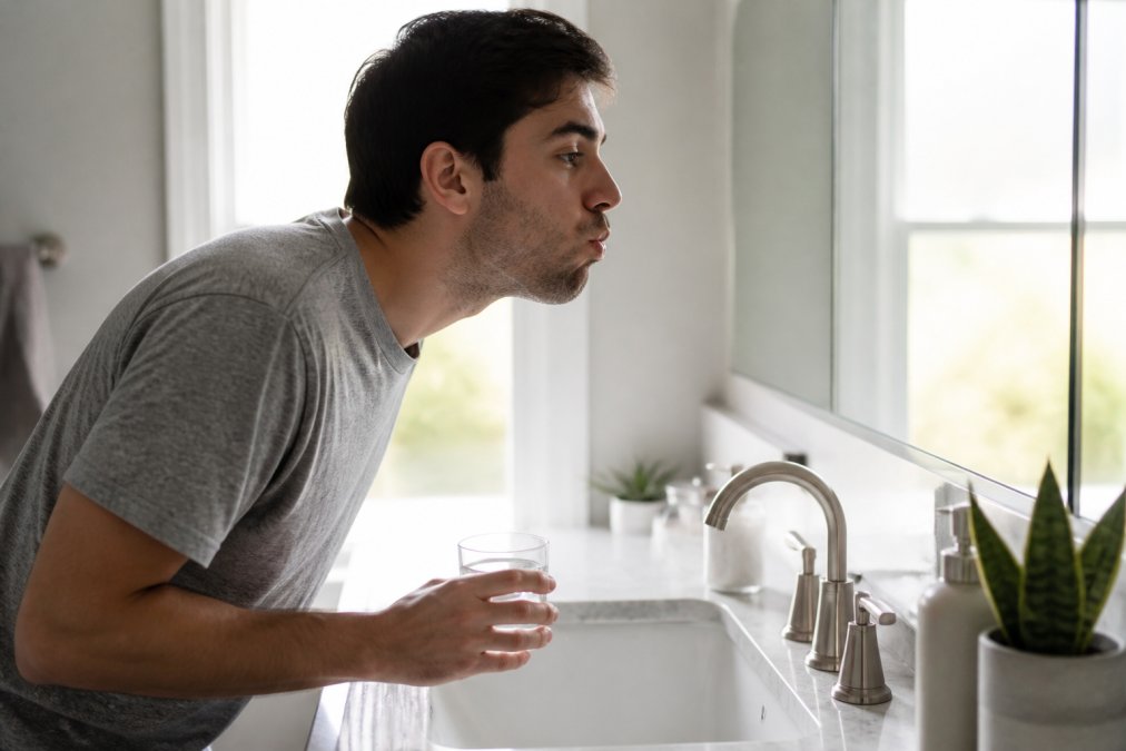 Person leaning over bathroom sink performing a saltwater rinse, water visible in mouth mid-swish, natural morning light from window
