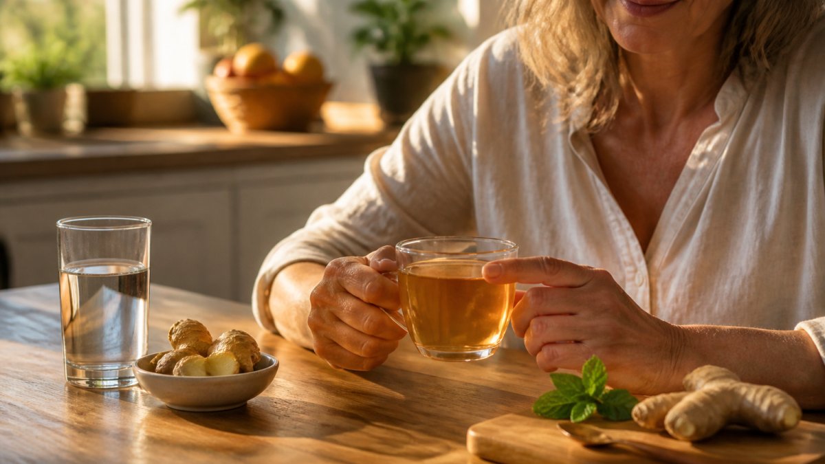 A woman in her 50s sitting at a bright kitchen table with a glass of water, a small bowl of fresh ginger, and a cup of peppermint tea, looking relaxed and comfortable