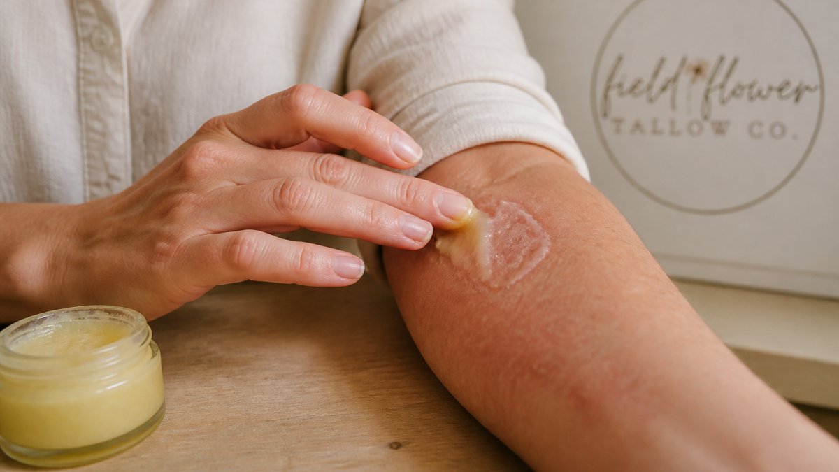 Diagram illustrating the process of applying lipid-rich balm to soothe dry, irritated skin on the forearm