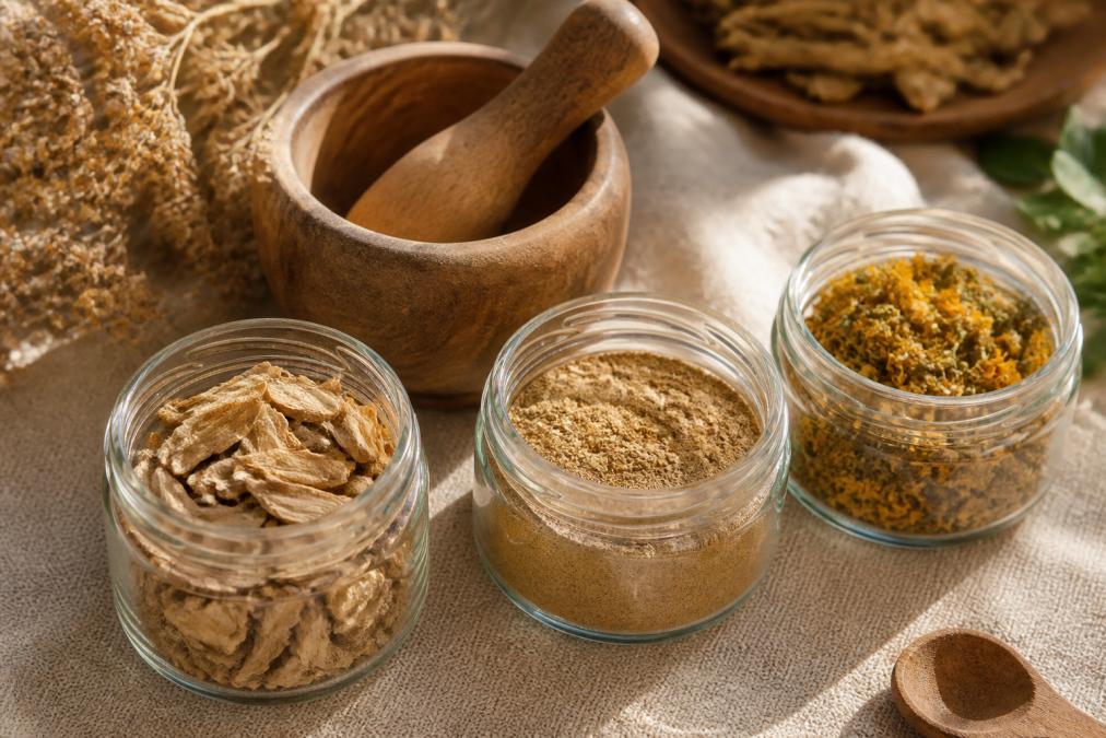 Flat lay of dried adaptogenic herbs including astragalus root, ashwagandha powder, and dried St. John's Wort in small glass jars arranged on a natural linen surface with a wooden mortar and pestle, soft warm morning light